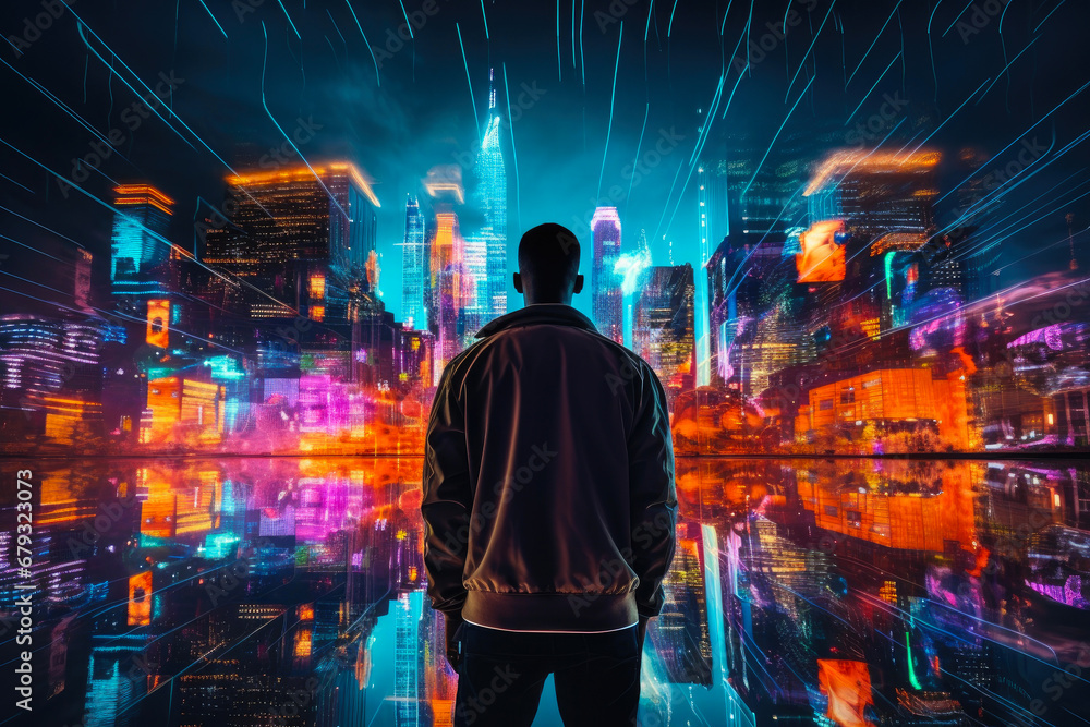Neon Reverie: A Person Amidst City Lights Neon Reverie: A Person Amidst City Lights
