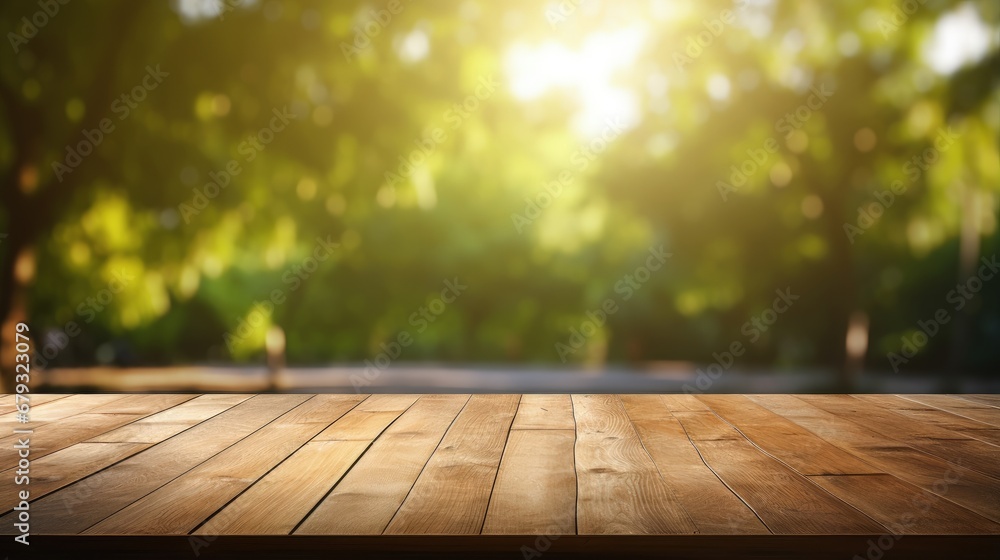 Empty wood table and defocused bokeh and blur background of garden trees with sunlight. product display template. Empty wood table and defocused bokeh and blur background of garden trees with sunlight. product display template.