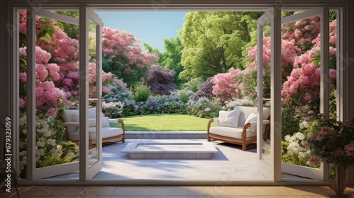 Beautiful garden and patio in summer seen from stylish designer room through bifold doors.