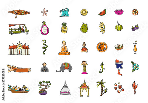 Travel to Thailand. Concept art design with Siam elements, map, people and la...
