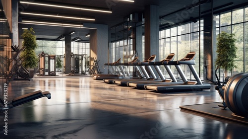 interior of modern light gym with equipments and treadmills and big mirror
