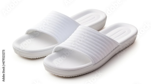 White house slipper isolated over white background. slippers from hotel, airplane are on white floor, home slippers, home footwear. Clear warm domestic sandal. Bed shoes accessory footwear(over white) photo
