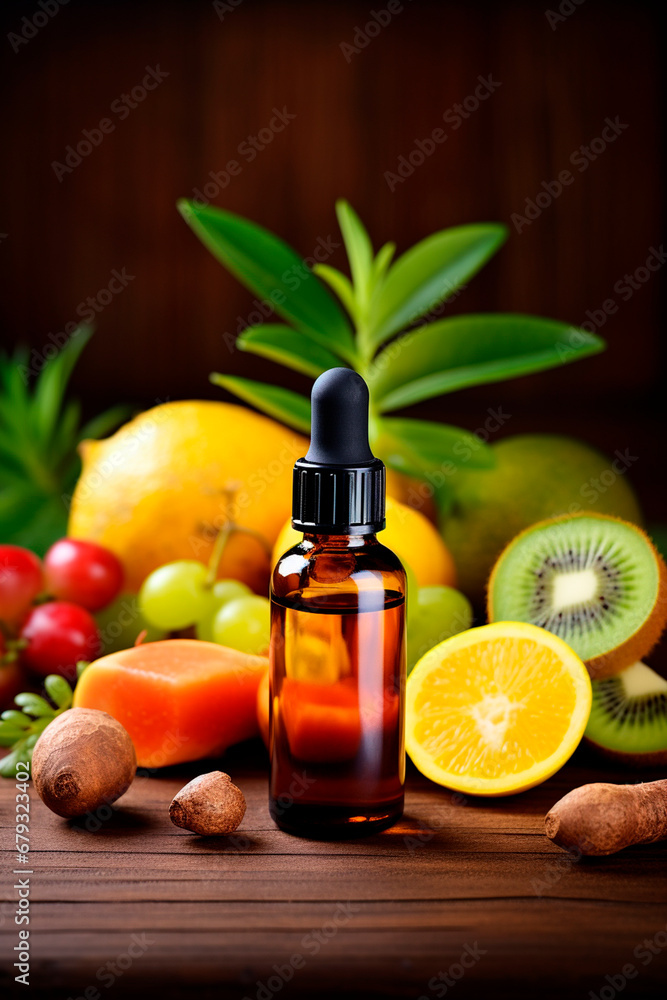 Essential oil of berries and fruits in a bottle. Generative AI, Essential oil of berries and fruits in a bottle. Generative AI,