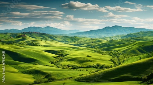 Beautiful and miraculous colors of green spring panorama landscape of Tuscany, Italy. © HN Works