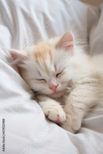 The kitten is sleeping in bed. Generative AI, © yanadjan