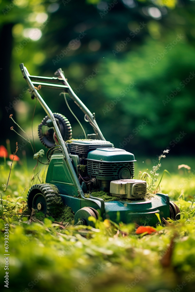 Fototapeta premium A lawn mower mows the lawn. Generative AI,