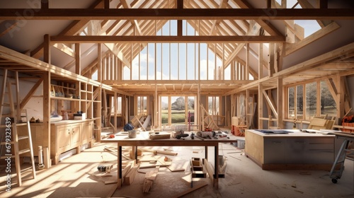 Interior of a UK timber frame house under construction photo