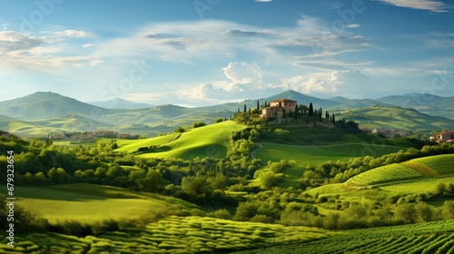 Beautiful and miraculous colors of green spring panorama landscape of Tuscany, Italy. © HN Works