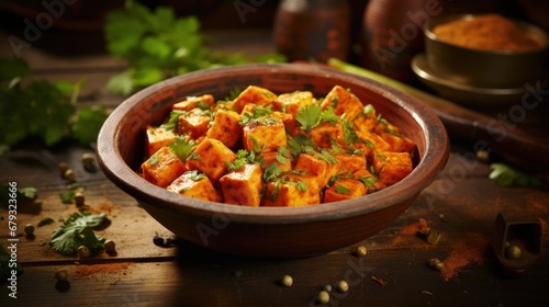 Indian Mutter paneer dish with spices on the wooden background