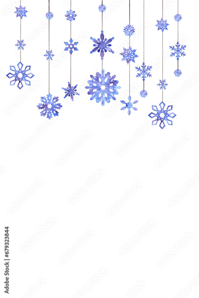 Background with watercolor textured with blots,dots,splaches different shaped violet filigree snowflakes with copy space.Isolated christmas,new year,x-mas backdrop.