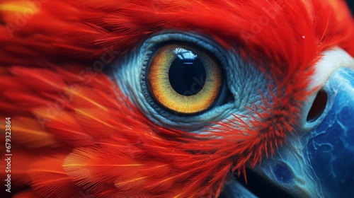 A close-up of a scarlet macaw's eye, a window into the intelligence and spirit that define these remarkable birds.