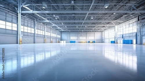 Industrial building or modern factory for manufacturing production plant or large warehouse, Polished concrete floor clean condition and space for industry product display or industry background.