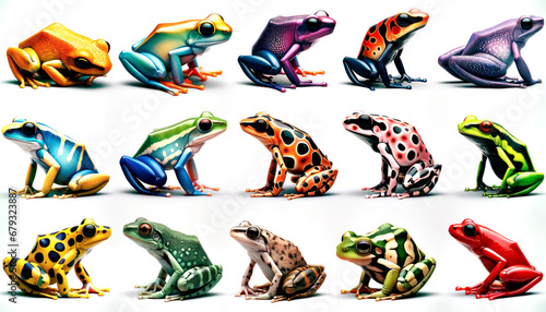 Illustration Multicolored poisonous tropical frogs. Illustration of colorful poisonous frogs on a white background. Set of different aligned frogs. Generative Ai.