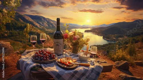 Romantic picnic on the mountain with river and sunset on background. Bottle of wine, glasses and dessert.