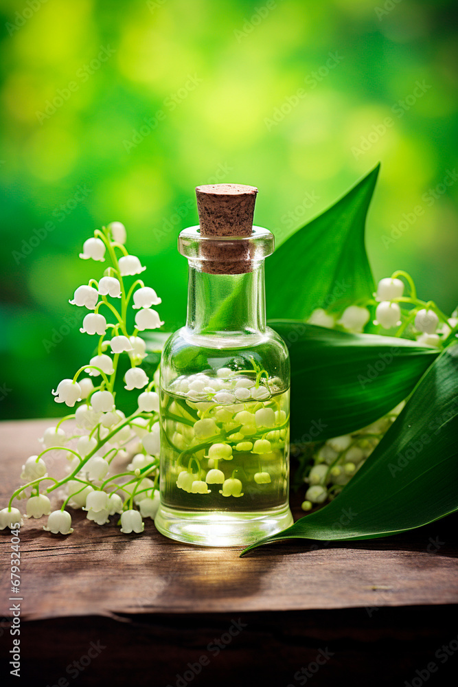 Lily of the valley essential oil in a bottle. Generative AI, Lily of the valley essential oil in a bottle. Generative AI,