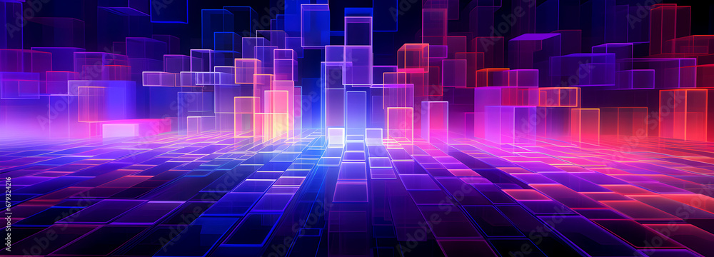 vibrant, digital abstract of neon-colored, three-dimensional blocks against a dark background, giving a sense of depth and futuristic design vibrant, digital abstract of neon-colored, three-dimensional blocks against a dark background, giving a sense of depth and futuristic design