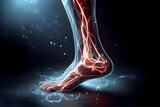 A realistic view of a human foot with glowing veins and bones