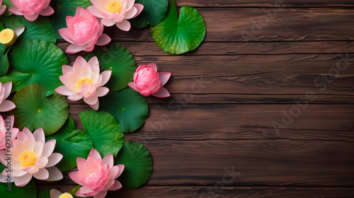 Lotus flowers on a wooden background. Generative AI 