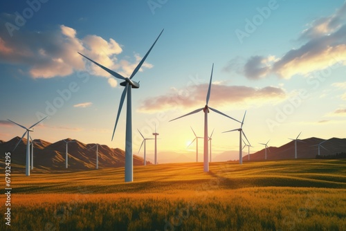 Wind turbines at sunset, aerial view. Renewable energy, ecology, environment concept