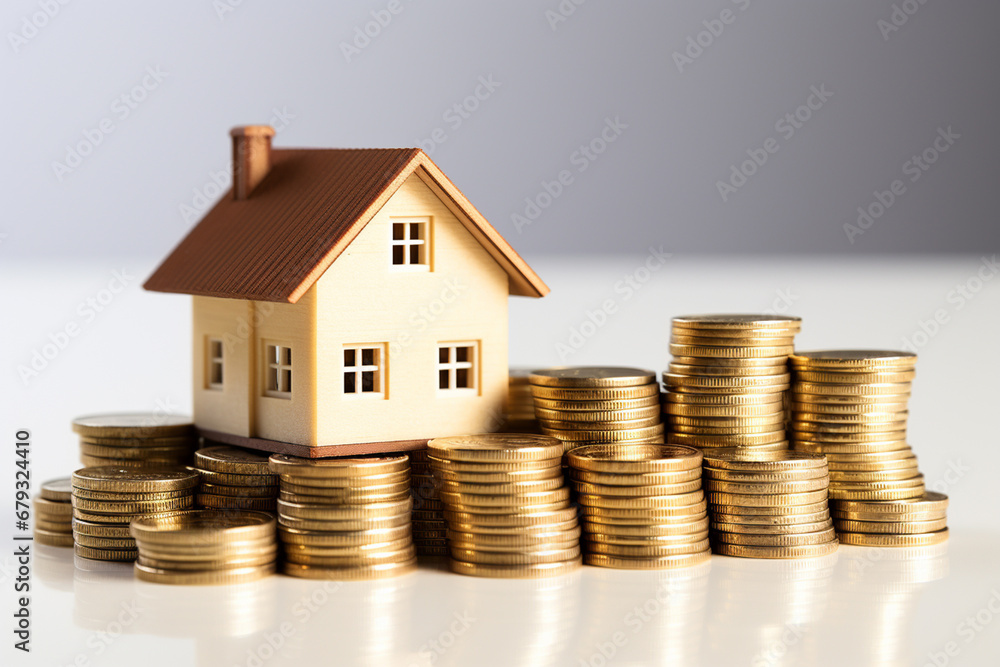 House model and stack of coins for real estate and property investment concept House model and stack of coins for real estate and property investment concept