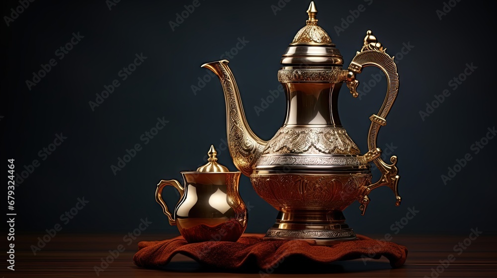 Arabic Coffee pot traditional. Saudi Coffee Dallah, A still life of Saudi traditional coffee pot or Dallah, Traditional Hospitality (Saudi Arabia). - obrazy, fototapety, plakaty 