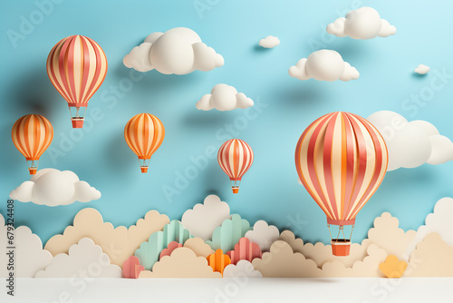 Colorful hot air balloons flying in the sky. 3D rendering