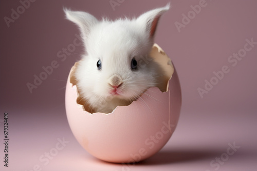 Cute white bunny in an eggshell on a pink background easter concept © StockHaven