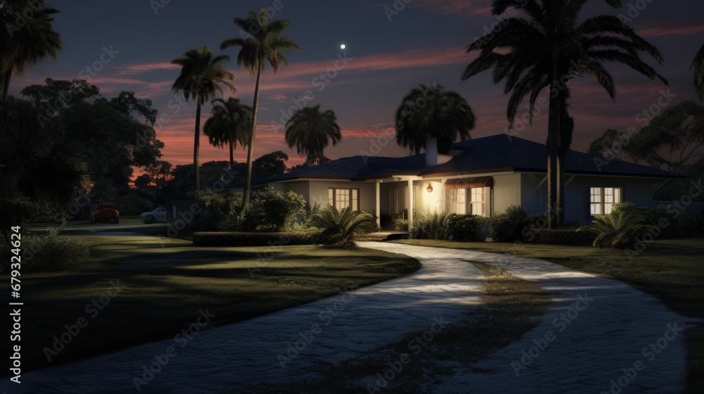 home at dusk with palm trees in yard