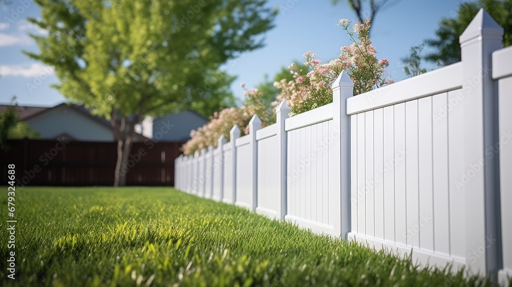 White vinyl fence fencing of private property grass plastic White vinyl fence fencing of private property grass plastic