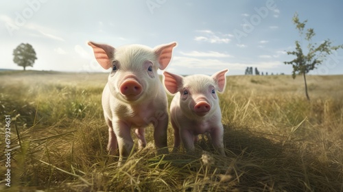 Two piglets standing on a field outside on a pigfarm in Dalarna, Sweden