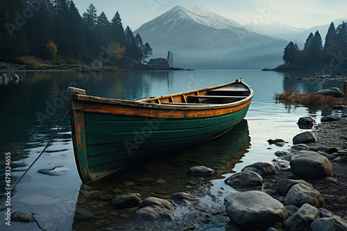A lone canoe on a misty lake. Generative Ai © Shades3d