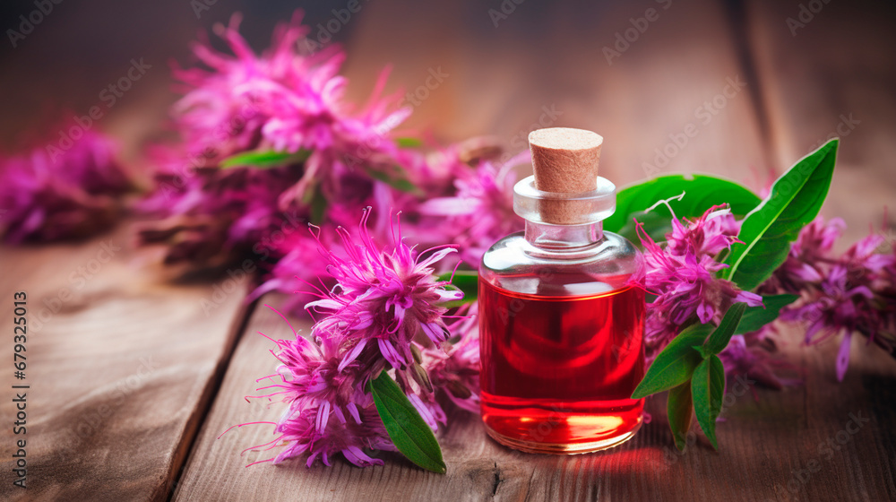 Monarda essential oil in a bottle. Generative AI, Monarda essential oil in a bottle. Generative AI,