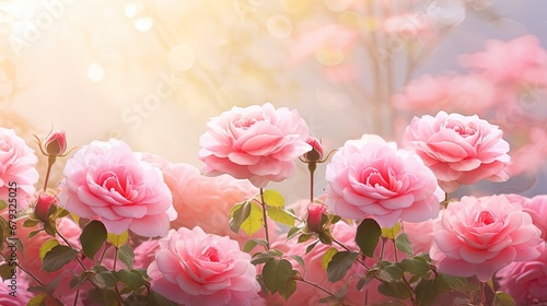 Fototapeta Naklejka Na Ścianę i Meble -  Mysterious fairy tale spring floral wide panoramic banner with fabulous blooming pink rose flowers summer fantasy garden on blurred sunny bright shiny glowing background and copy space