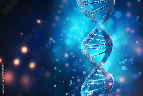DNA molecule helix spiral chain from on blue background with light and bokeh, DNA technology and genetics science concept.