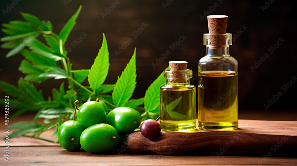 Essential oil neem in a bottle. Generative AI, Essential oil neem in a bottle. Generative AI,