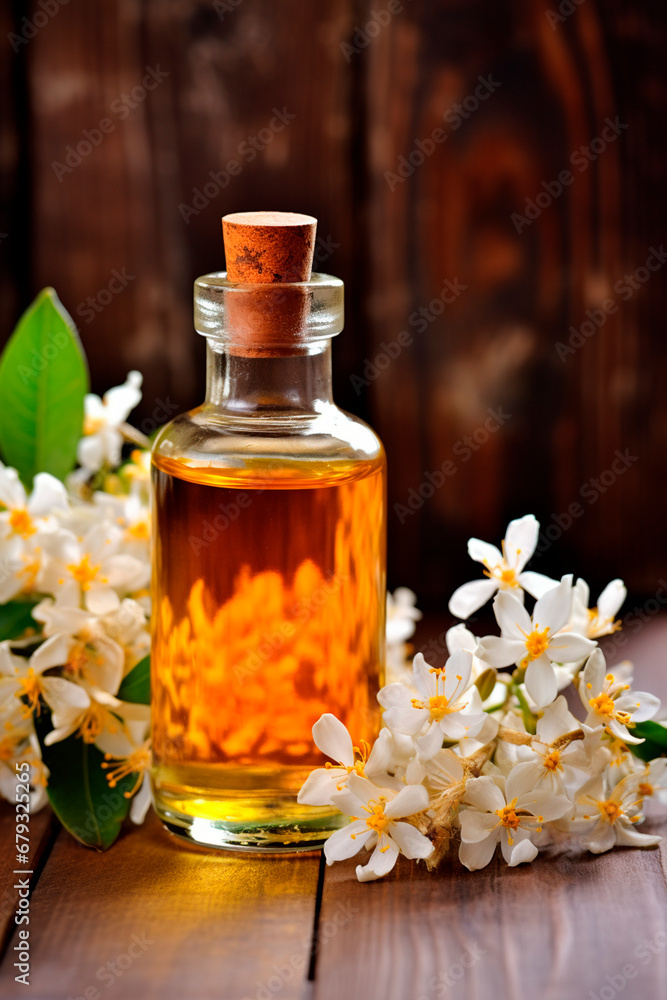 Neroli essential oil in a bottle. Generative AI, Neroli essential oil in a bottle. Generative AI,