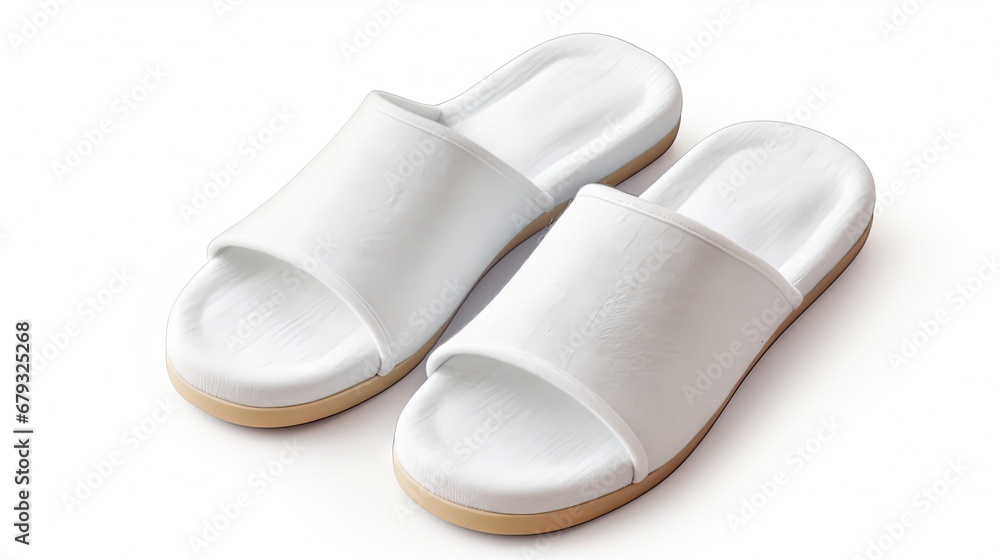 White house slipper isolated over white background. slippers from hotel, airplane are on white floor, home slippers, home footwear. Clear warm domestic sandal. Bed shoes accessory footwear(over white) White house slipper isolated over white background. slippers from hotel, airplane are on white floor, home slippers, home footwear. Clear warm domestic sandal. Bed shoes accessory footwear(over white)