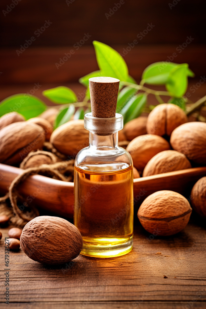 Nutmeg essential oil in a bottle. Generative AI, Nutmeg essential oil in a bottle. Generative AI,