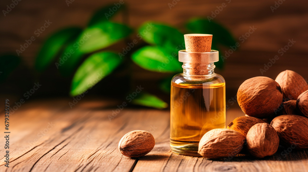 Nutmeg essential oil in a bottle. Generative AI, Nutmeg essential oil in a bottle. Generative AI,