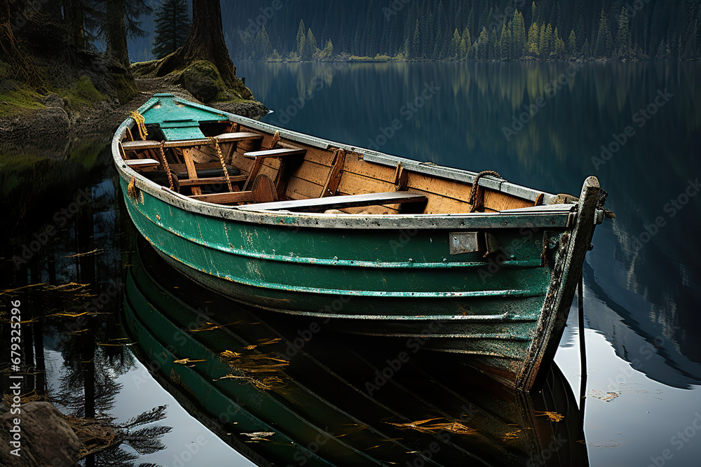 A lone canoe on a misty lake. Generative Ai