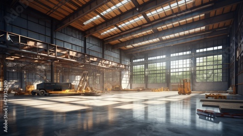 Steel construction factory building indoor general view as industrial 3D background. Own design 3D illustration.