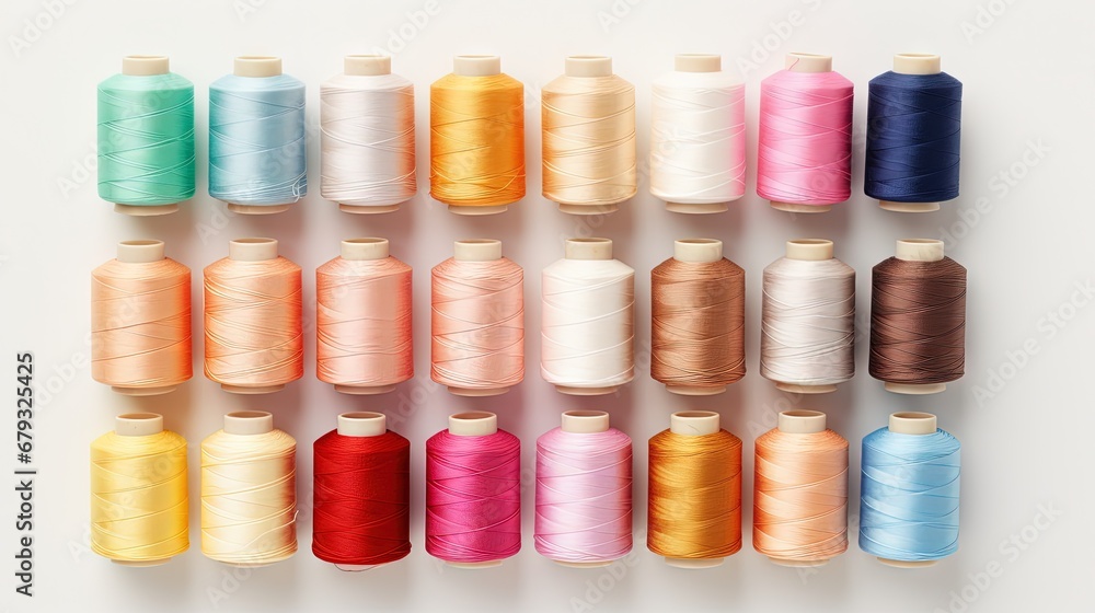 Color sewing threads on white background, top view Color sewing threads on white background, top view