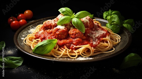 Vegetarian spaghetti with meat free, vegan meatballs in rich tomato sauce, grated cheese and basil leaves photo