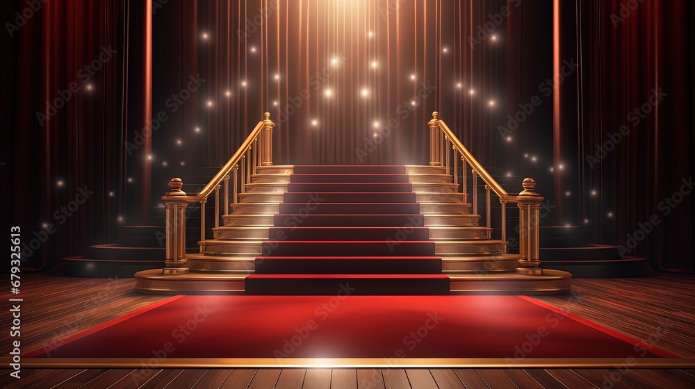 Fototapeta premium Illuminated pedestal with red carpet in wooden interior. Leadership and win concept. 3D Rendering