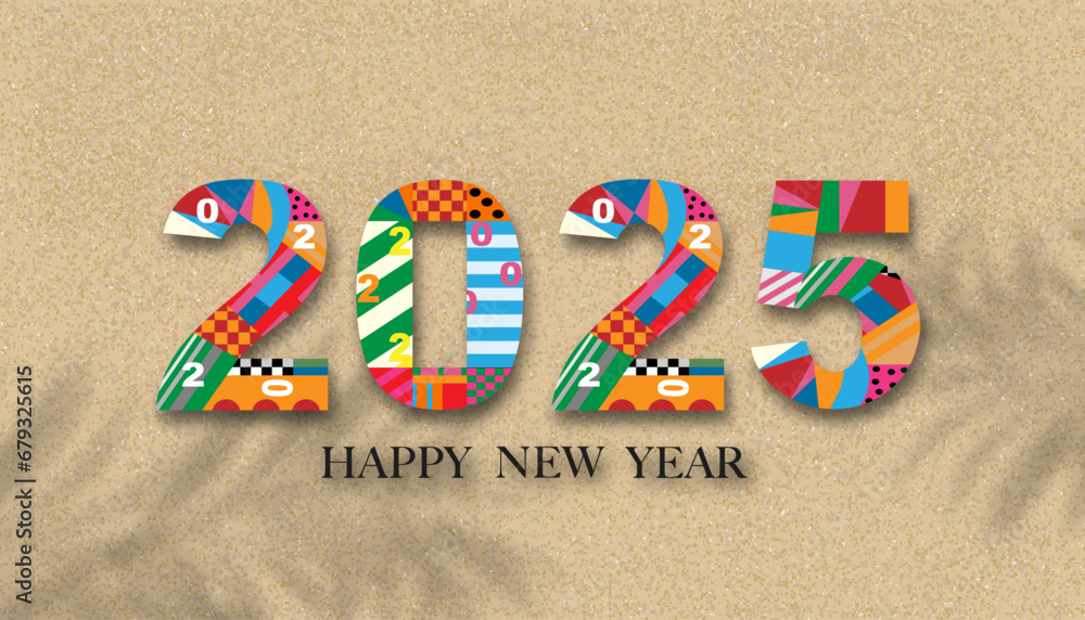 Happy New Year 2025 on Sandy Beach Texture background with Palm leaf shadow,Vector illustration Backdrop Brown Beach sand dune with barefoot for Chrismas , New Year banner - obrazy, fototapety, plakaty 