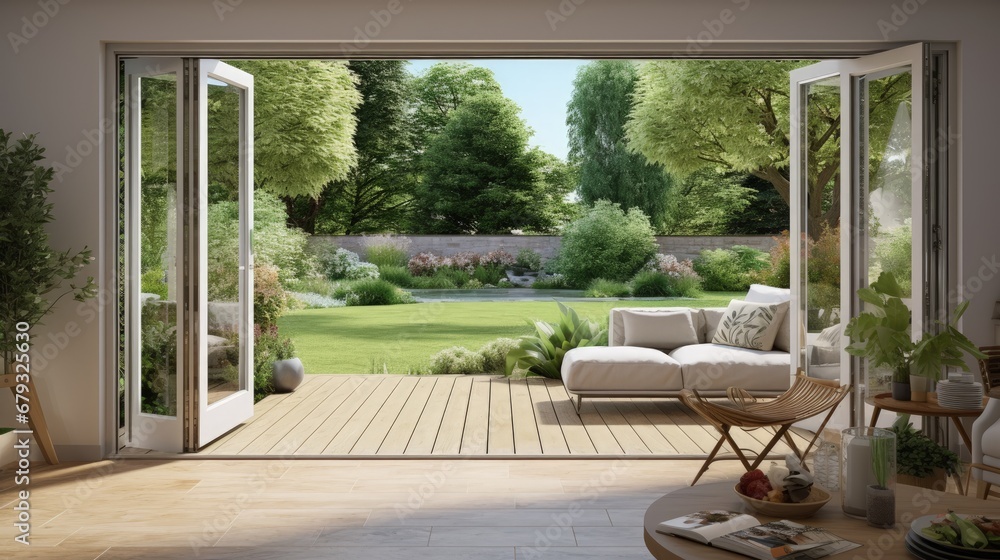 Beautiful garden and patio in summer seen from stylish designer room through bifold doors. - obrazy, fototapety, plakaty 