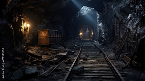 Underground mine passage with rails and light photo