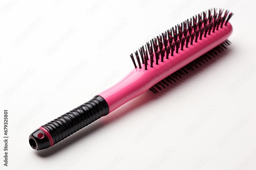 A pink hair brush sitting on top of a white table. Realistic looking hair brush. A pink hair brush sitting on top of a white table. Realistic looking hair brush.