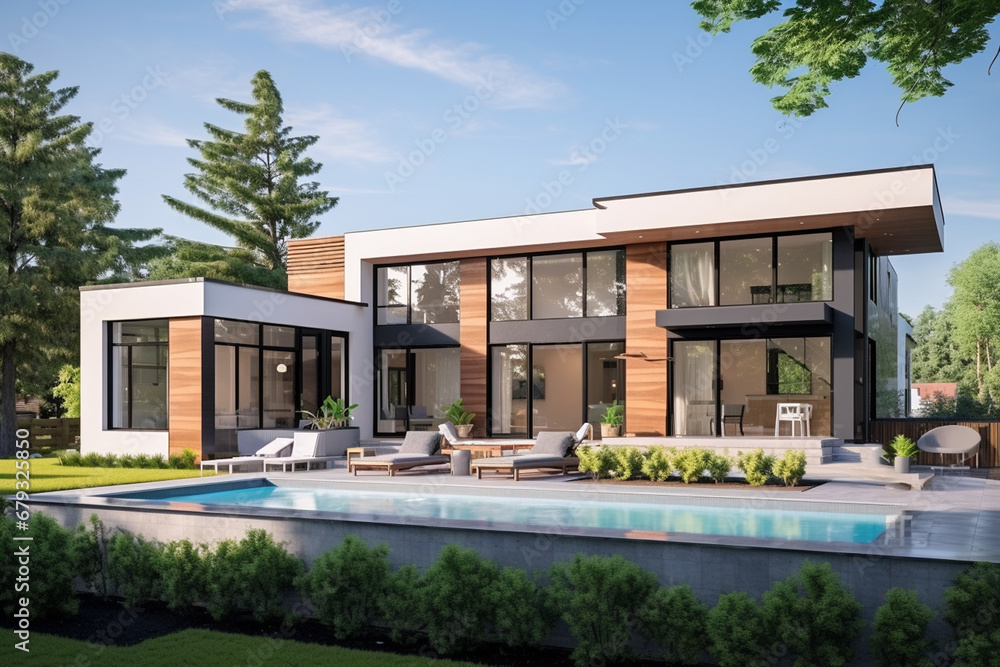 Modern house exterior with swimming pool and garden. 3d rendering