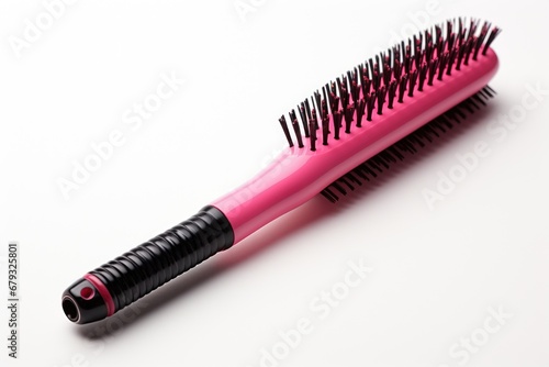 A pink hair brush sitting on top of a white table. Realistic looking hair brush.